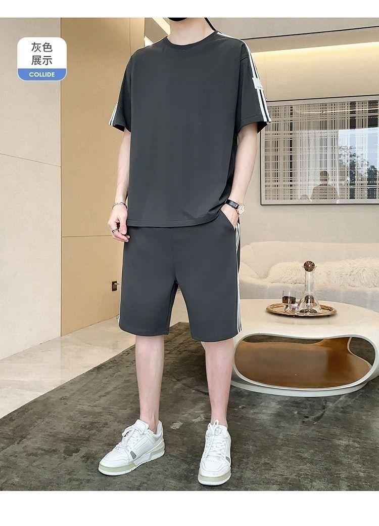 Product Introduction of Summer Men's Fashion Set Trendy Full Set Casual Loose Stylish Shorts Set One Complete Set with Three Stripes Sports 16