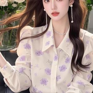 เสื้อเชิ้ต ลายดอกไม้สีม่วง สไตล์เกาหลี เรียบหรู สวยงาม สำหรับผู้หญิง ฤดูใบไม้ผลิและฤดูใบไม้ร่วง มาใหม่ เสื้อเชิ้ตหลายชั้น มีสไตล์สุดๆ เหมาะสำหรับเยาวชน ขายดีในร้าน