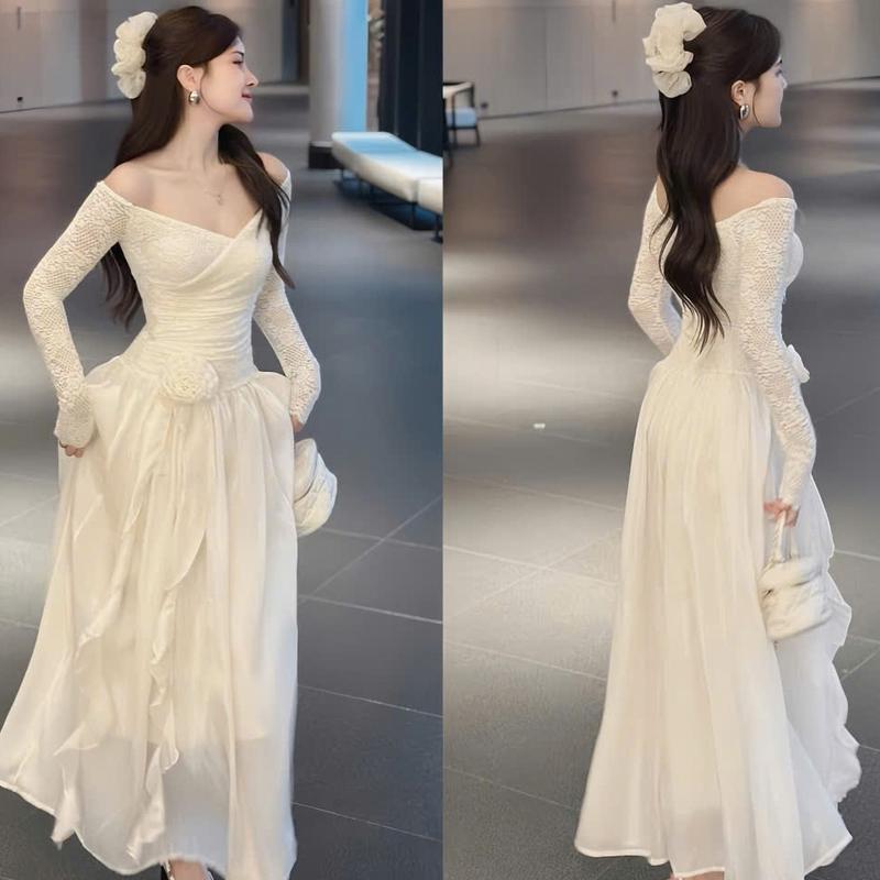 Đầm váy nữ ren phối tơ trễ vai đính hoa dài tay dáng dài xòe xinh xắn sang chảnh cho các nàng diện đi chơi đi tiệc.women top