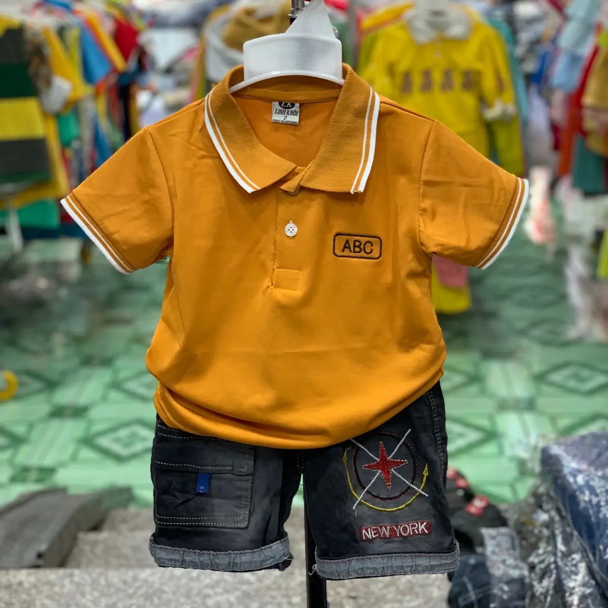 Sét bộ áo polo phối quần Sooc Jean Bé trai Mềm mịn, thoáng khí ,hoạtiết ngẫu nhiên Kaki Heo Có Cổ