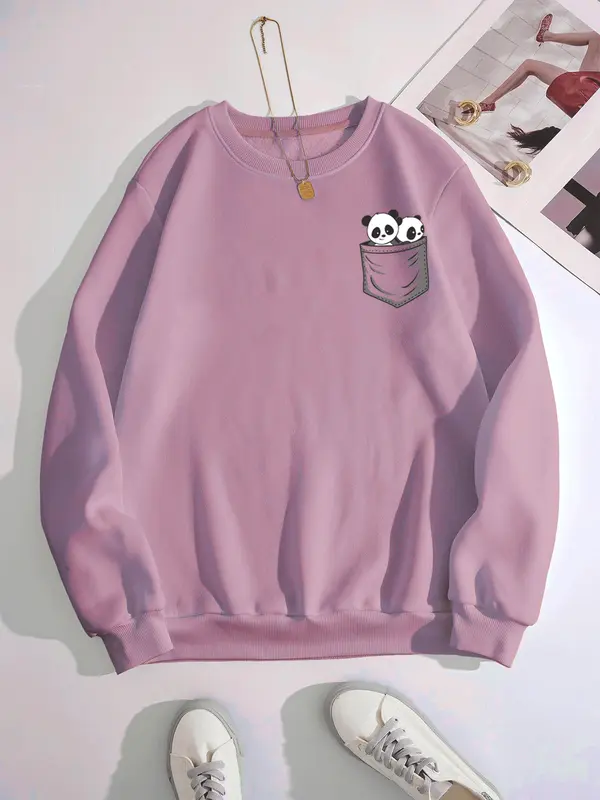 NEOCLOTH Sweater PANDA Wanita Crewneck Oblonng Remaja Dewasa Cewe flecce Murah Santai Hitam Coksu Mint Denim Fleece Panjang 4