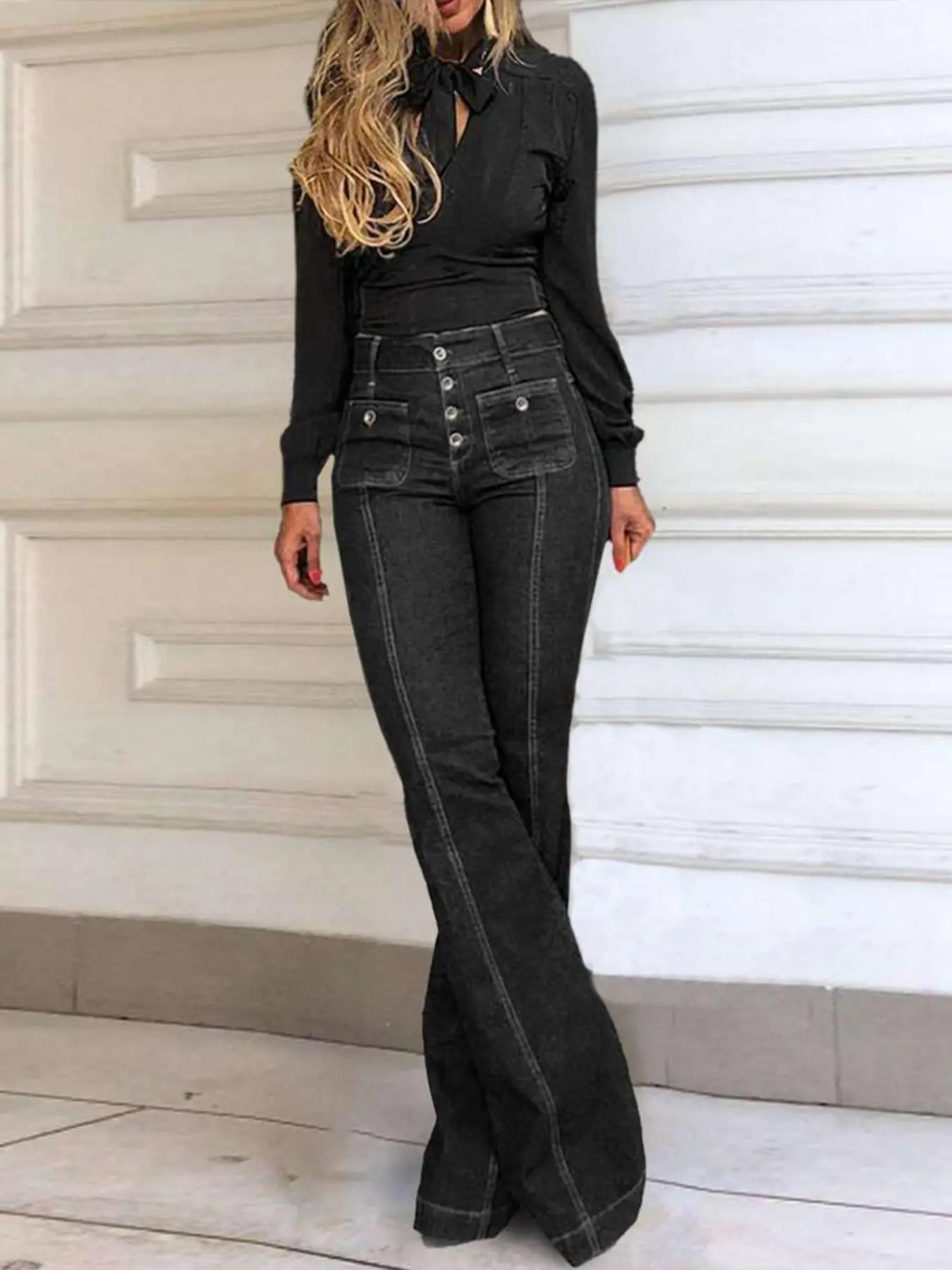 Women's Plain Button Pocket Flare Leg Jeans, Casual Bell Bottom Trousers for Daily Wear, Jeans for Women, Summer Outfits 2024, Ladies Bottoms for All Seasons, Trousers for Women, Going Out Bottoms Womenswear Pants Denim Streetwear