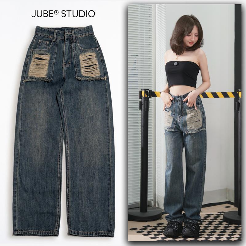   VẢI QC-CAO CẤP  Quần Jean Nữ Ống Suông Túi Rách Kiểu Màu Xanh Đậm Retro Bụi Vàng 