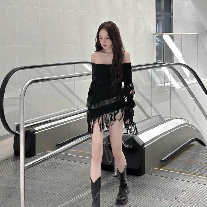 Áo len trễ vai pha kim sa rách tua rua gấu thời trang mùa đông cho nữ hàng qc l1