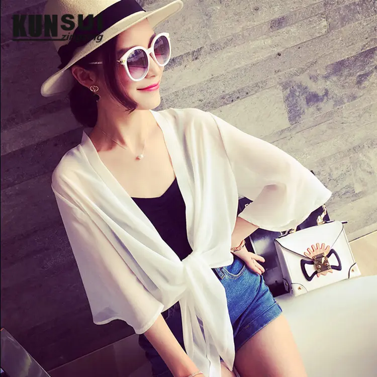 In Stock New Chiffon Shirt Shawl Short Solid Color Coat Women's Summer Korean Style plus Size Cardigan Thin Beach Sun Protection Clothing Outer Wear South Korea Japanese and Korean Style