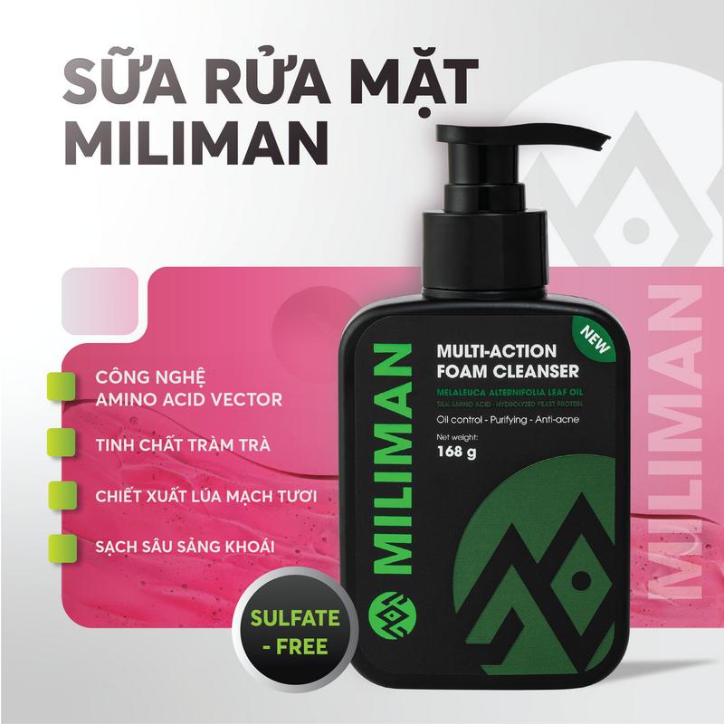 Sữa Rửa Mặt Nam Cao Cấp MILIMAN Công Nghệ Amino Acid Vector Multi-action Foam Cleanser 168G - Phiên Bản Nâng Cấp Bổ Sung Chiết Xuất Lúa Mạch Tươi MILIMAN Cosmetic | Mua 2 Chai Tặng Gel Dưỡng Da Ban Đêm Fullsize 50gr
