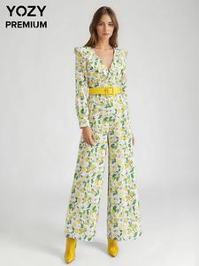 YOZY Women's Lemon Print Belted Ruffle Trim V Neck Jumpsuit, Casual Long Sleeve Jumpsuit for Spring, Ladies Clothes for Daily Wear