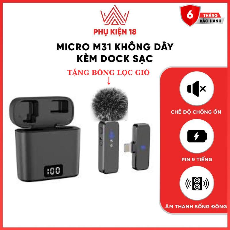 [ TẶNG BÔNG LOCK GIÓ] Micro M31 thu âm không dây  kèm Dock sạc lọc tạp âm khi live/quay video/ ghi âm cho điện thoại/máy tính