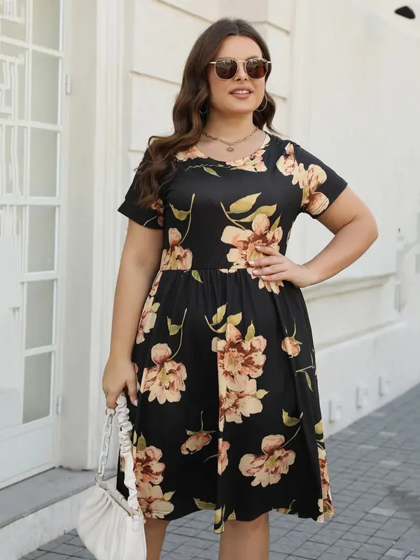 【Plus Size】Floral Print Pocket Round Neck A Line Dress, Casual Summer Clothes Women, Women's Short Sleeve Dress for Summer, Women's Clothes for Daily Wear, Womenswear, Plus Size Tummy Flattering Dresses 4