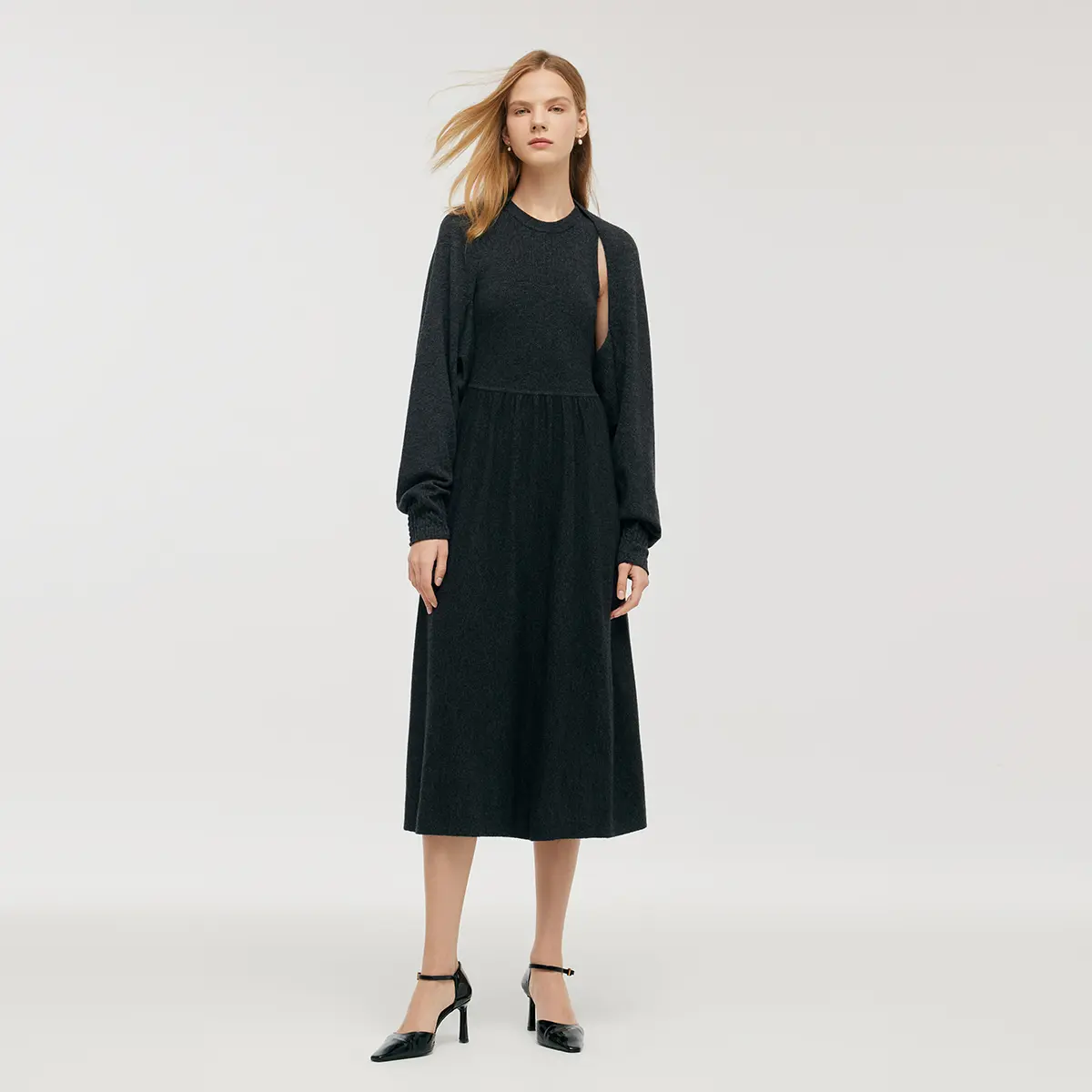 Wool Blend Multi-purpose Scarf And Sleeveless Knitted Midi Dress Two-Piece Set Fit Womenswear
