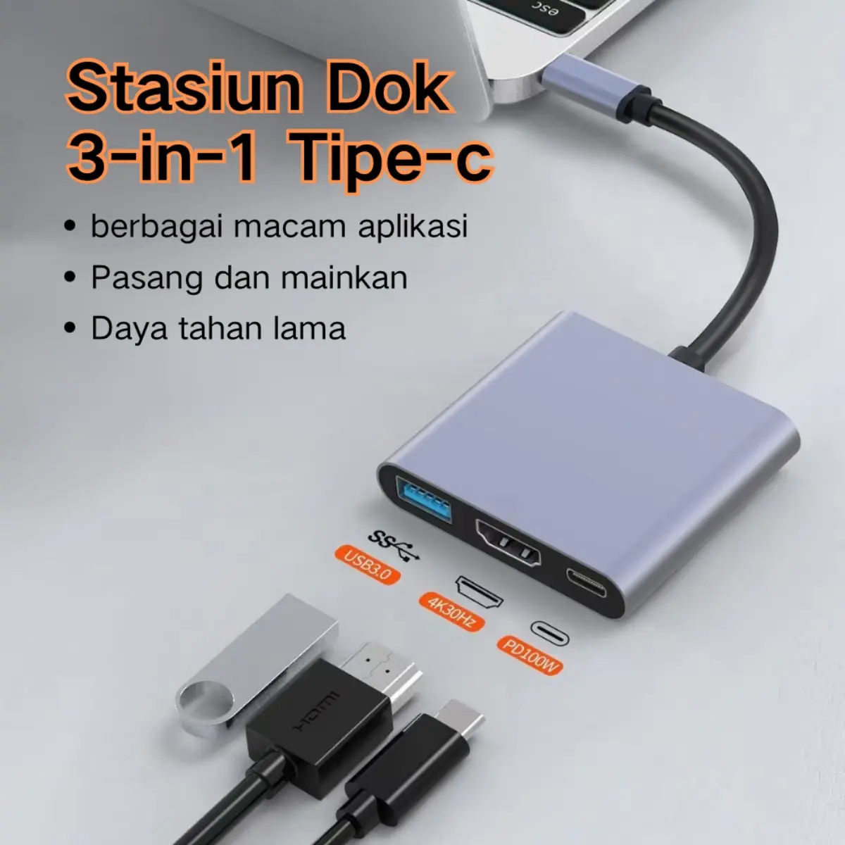 Hub USB Type-C ke HDMI HD, Hub Ekspansi Tiga-Dalam-Satu untuk Notebook, TV, dan Proyektor, Dok Ekspansi Multifungsi untuk Koneksi yang Cepat dan Kompatibel dengan Berbagai Perangkat