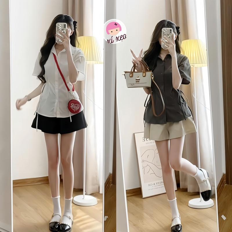 Sét áo cộc tay buộc eo kèm quần sooc kaki xixeoshop - S160 Nữ Kem
