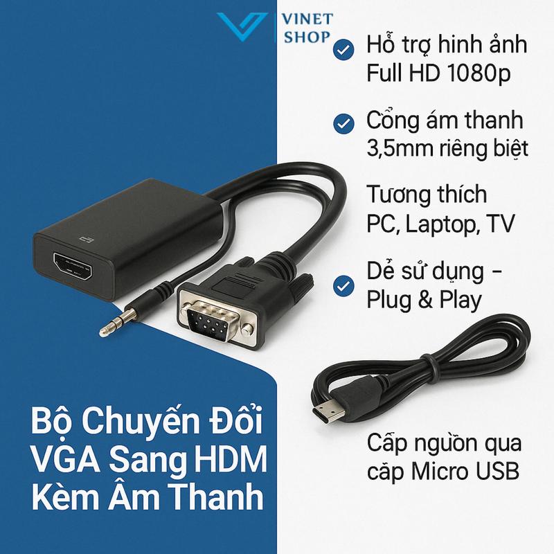 Bộ cáp chuyển đổi tín hiệu từ VGA sang HDMI có âm thanh + dây cáp Micro USB FULL HD 1080P (dài 20cm) vga to hdmi