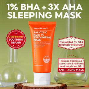 Salicylic Acid Exfoliating Mask AHA+BHA 1% Acne Treatment Gentle Cleansing | Oil Control | Acne Pimple Whiteheads Reduction VIBRANT GLAMOUR Smooth & Brighten Skin For Oily & Acne-Prone Skin Overnight Renewal 60g Aloe Plant