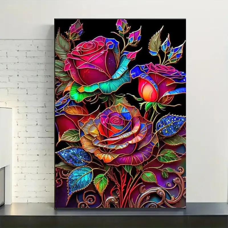 Rose Pattern DIY Diamond Arts Colorful Painting Kit without Frame, 5D Diamond Arts Colorful Painting Kit, Wall Art Decor for Home Living Room Bedroom 0