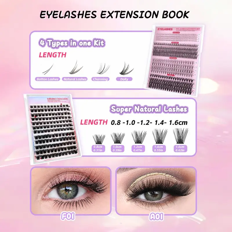 False Eyelashes with Tools Set, 1 Set Mixed Length Individual False Eyelashes with Tweezers & Brush & Glue & Eyelash Curler, Eye Makeup Enhancement Tool for Women, Cosmetic 5