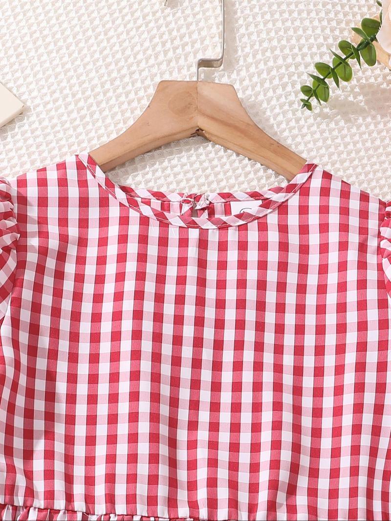 Product Introduction of Girl's Plaid Print Short Sleeve Dress, Casual Round Neck Dress for Summer, Kids Clothes for Daily Wear 3