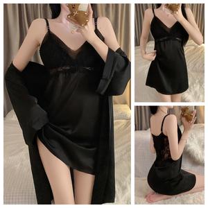 Set Chemise dan Jubah Sutera Ais, Pakaian Dalam Seksi, Bra Terbina dalam, Rekaan Belakang Renda, Pakaian Tidur Elegan, Sesuai untuk Malam Romantik dan Fotografi Boudoir