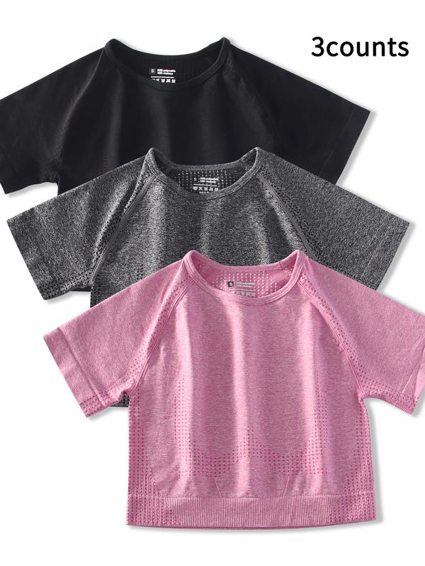 Women's Hollow Out Raglan Sleeve Crop Sports Tee, Breathable Round Neck T-shirt for Yoga Gym Workout Running, Ladies Sportswear Clothing for All Seasons 1