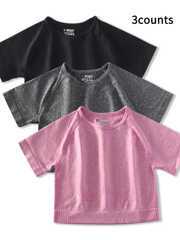 Women's Hollow Out Raglan Sleeve Crop Sports Tee, Breathable Round Neck T-shirt for Yoga Gym Workout Running, Ladies Sportswear Clothing for All Seasons 1