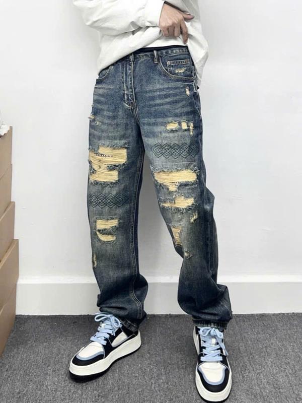 [GIÁ MỞ BÁN][Jean Denim Guangzhou FROM SUÔNG RỘNG-9203] Quần Jean Nam Dài Xanh Rách Mạng Thổ Cẩm FROM SUÔNG RỘNG Chất Vải DÀY DẶN J3780