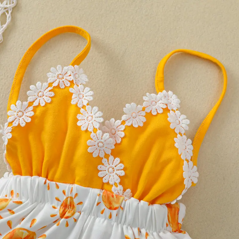 Newborn Casual Style Romper, Baby Girl Sleeveless Sun Print V-neck Playsuit with Decorative Flower Yellow 4