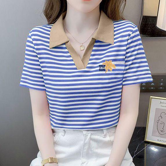 Áo Phông, Cổ Polo Sọc Nữ, ngắn Tay, Thời Trang Mới Cá Tính, Khâu Màu Tương Phản, Phong Cách Phương Tây, Dễ Phối Đồ, Thích Hợp Cho Mùa Hè, Áo Phông Thường Ngày Top Women 2