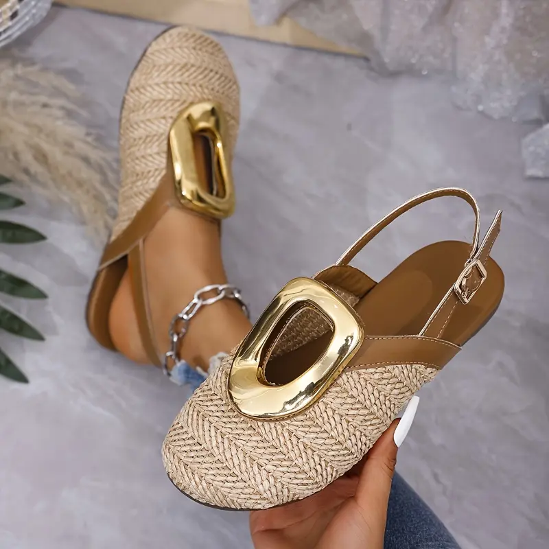 [Straw Woven Summer Sandals] Breathable Straw Woven Chic Women's Summer Sandals - Flat Heel, Closed Toe with Ankle Buckle Strap Footwear Shoe cute  sandals