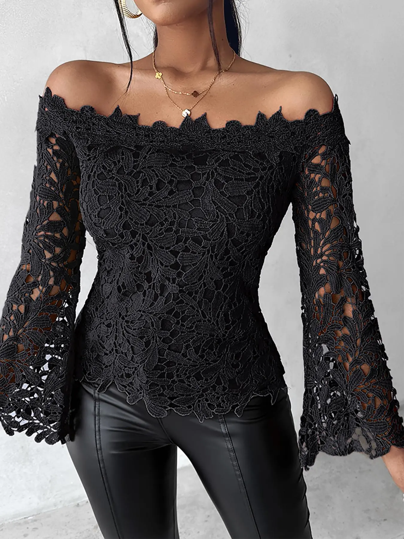 Women's Plain Hollow Out Sheer Off Shoulder Lace Blouse, Elegant Flounce Sleeve Top for Spring & Fall, Ladies Clothes for Daily Wear