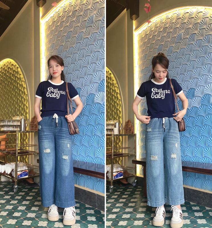 Quần Jean Nữ Dáng Suông, Cạp Chun Lưng Cao, Chất  Mềm, Vải Dày Dặn quần bò nấm