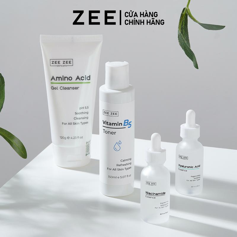Combo 4 gồm Gel rửa mặt Amino Acid, Nước cân bằng Toner B5, Tinh chất Niacinamide và Tinh chất Hyaluronic Acid phù hợp mọi loại da