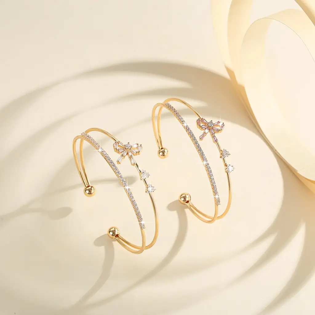 Gelang Bangle Wanita Lapis Emas Anti Karat Pita Berlian Terbuka Indah Korean Style Titanium Perhiasan TX016