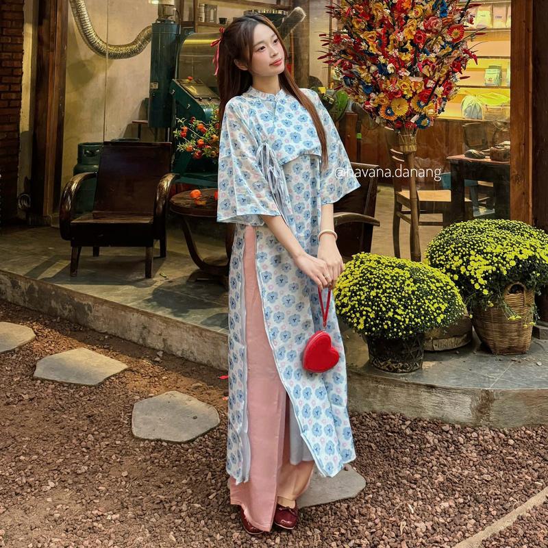 Áo dài voan tơ LINH LĂNG 4 tà phối vạt bầu đính nơ điệu đà kèm quần lụa satin HAVANA AD170