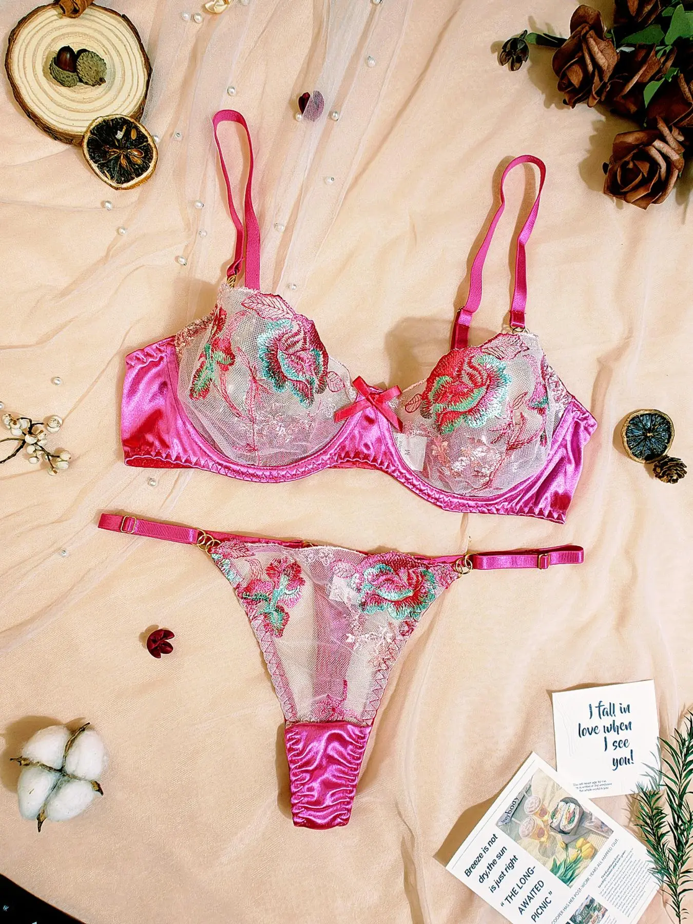 Women's Floral Embroidery Mesh Bow Decor Underwire Bra & Thong Set, Sexy Comfortable Breathable Adjustable Strap Bra & Adjustable Waistband Thong Set, Lingerie Set for Women
