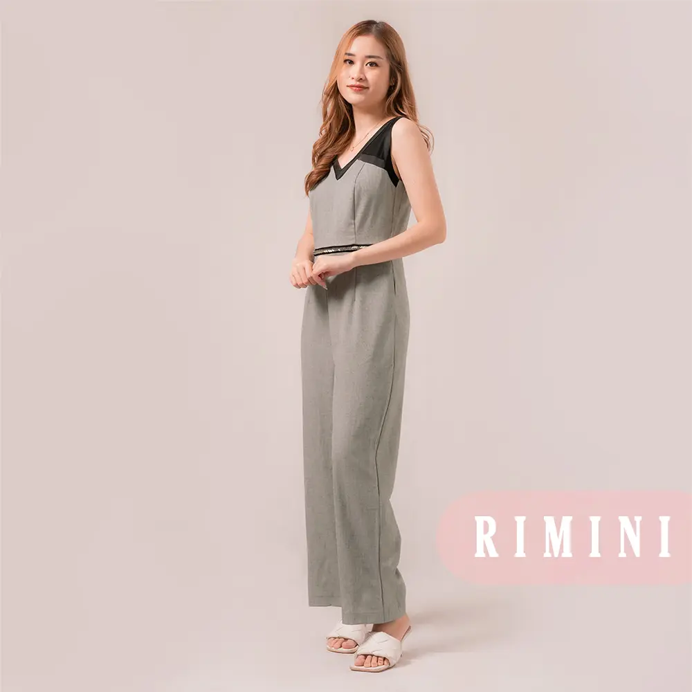 RIMINI - Jumpsuit Wanita Tanpa Lengan Celana Kulot Panjang V-Neck Size S-L - Griselda 5181055 Crinkle Setelan Pendek Fit Pendek Fit