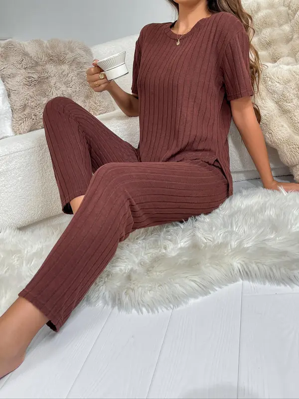 Women's Solid Ribbed Drop Shoulder Tee & Pants Pyjama Two-piece Set, Casual Comfy Split Hem Short Sleeve Top & Trousers Pj Set, Ladies Sleepwear for All Seasons 0