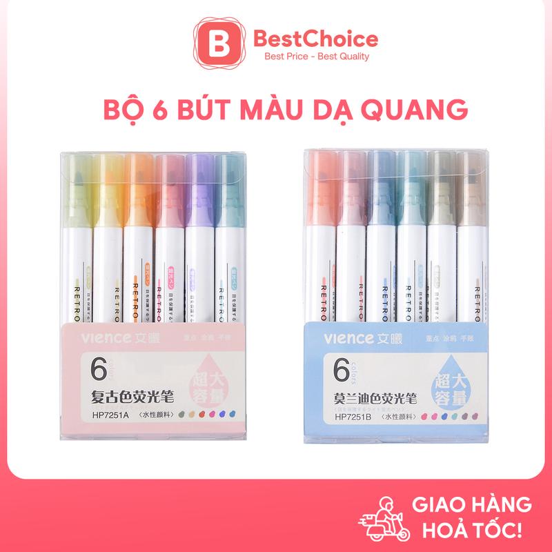 Bộ bút dạ quang 6 màu xinh xắn tiện dụng, bút đánh dấu bút nhớ | Vience 7251A/B bút  dạ bút  dạ đồdùn g học tập