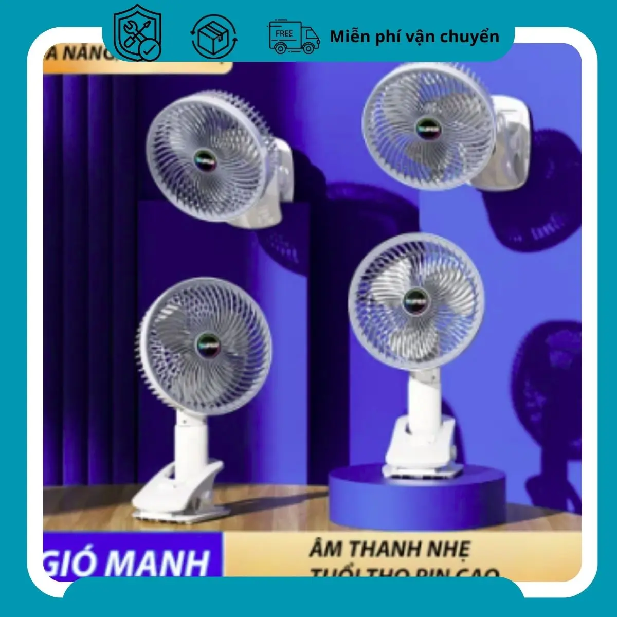 Quạt tích điện kẹp bàn, tích điện cỡ lớn đa năng, có thê treo tường, gắn bàn làm việc, để đứng, đầu quạt quay 360 độ