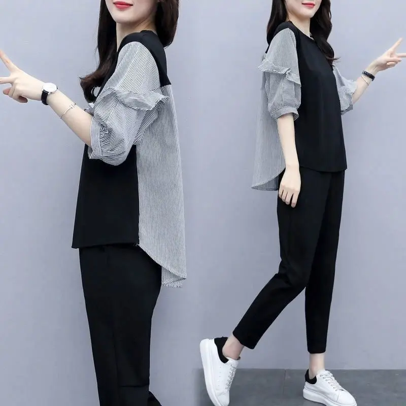 Bộ Đồ Nữ, Hàng Mới Về Mùa Hè, Ngoại Cỡ, Phong Cách Thường Ngày Dáng Rộng Rãi, Sọc, Mỏng Vừa Vặn, Che Bụng, Thanh Lịch, Bộ Đồ Sinh Đôi
