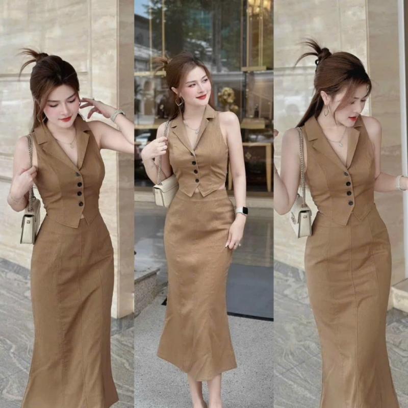 Set áo cổ vest sát nách phối dây cột sau lưng kèm chân váy dài chất kaki V190(dưới 56kg) Top