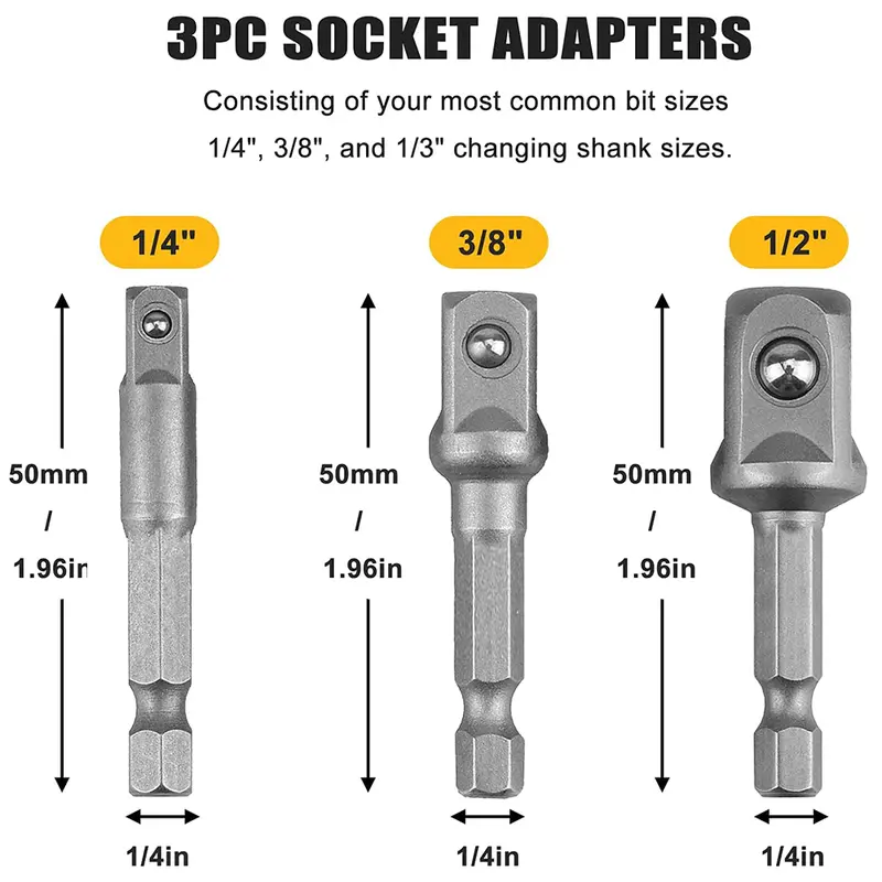 JLD Socket Adapter Drill Bits Hex Shank Impact Driver Tools 1/4" 3/8" 1/2" Adapter Kepala Bor Hex Kunci Socket Impact Driver Converter 3PCS 1