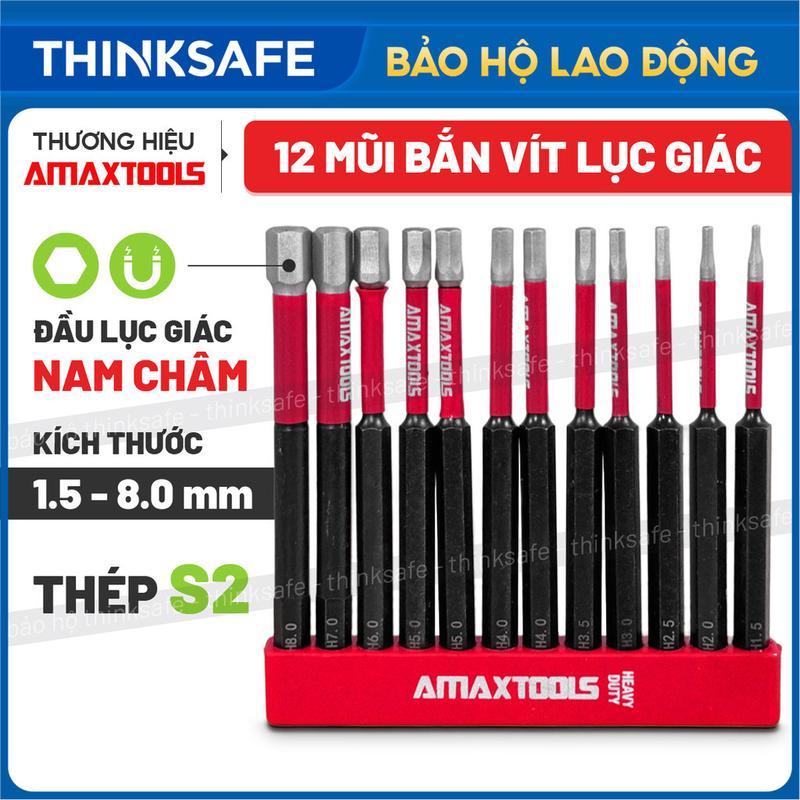 Bộ 12 mũi vít lục giác siêu cứng AMAXTOOLS Mũi bắn vít chống trượt Chất liệu thép S2 HRC60 - Thinksafe