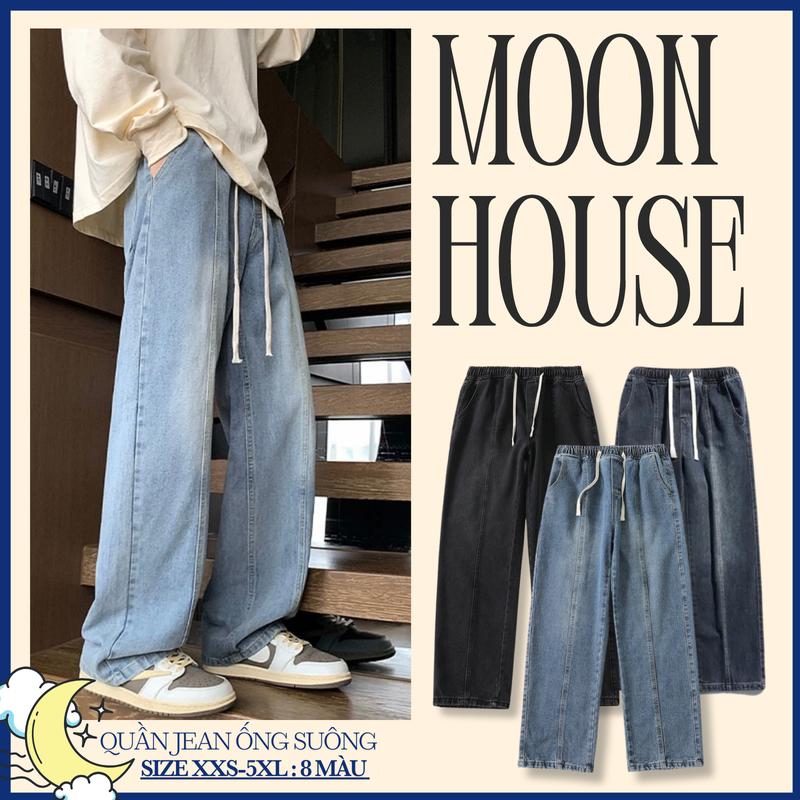 Quần jean cạp chun nam nữ phối line ống rộng MOON HOUSE 03 đa dạng mẫu mã phối đồ thoải mái Menswear Pants Có Túi