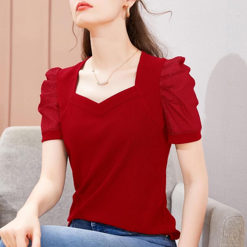 Product Introduction of เสื้อยืดผ้าไหมน้ำแข็ง, ชุดฤดูร้อนใหม่, สไตล์แขนสั้น, สำหรับผู้หญิง, 2022, สไตล์รอยัลฝรั่งเศส, เสื้อแขนพัฟ, แฟชั่น 27
