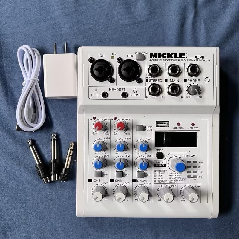 Bàn Mixer KARAOKE Mini MICKLE E4 Có nút Gạt PC Tích hợp 88 hiệu ứng & Bluetooth dùng đa năng cho âmly loa kéo vang số hát thu âm livestream tặng kèm bộ rắc 6ly ra av và rắc cắm tai nghe
