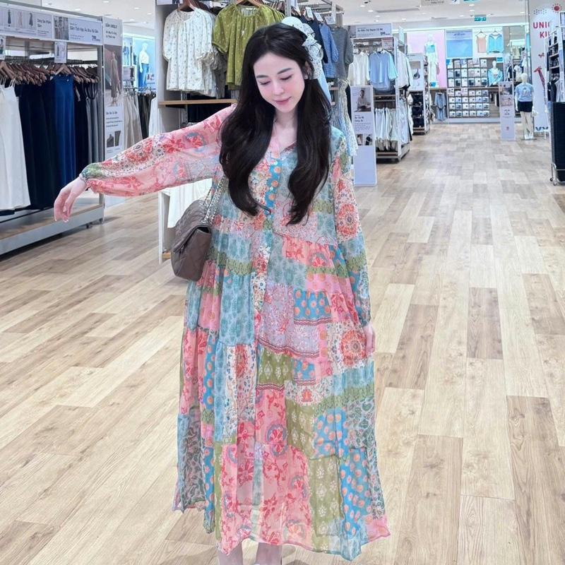 Váy HỒNG tơ xuông Zr dài tay hoạ tiết thổ cẩm có dây thắt eo