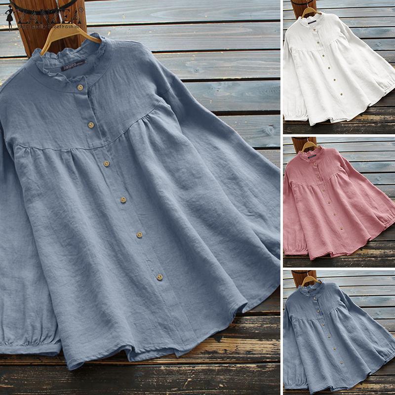 Product Introduction of ZANZEA Womens Casual Cotton Linen Button Down Blouse Fashion Crew Neck Lantern Sleeves Shirts * 16