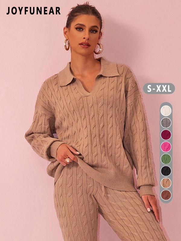 Two-piece Set Women's Solid Color Twisted Texture Drop Shoulder Sweater & Drawstring Waist Pants, Casual Fashion Cozy Knitwear Set for Daily Outdoor Wear, Outfits 2 Piece Set, Women Knitwear for Fall & Winter 4