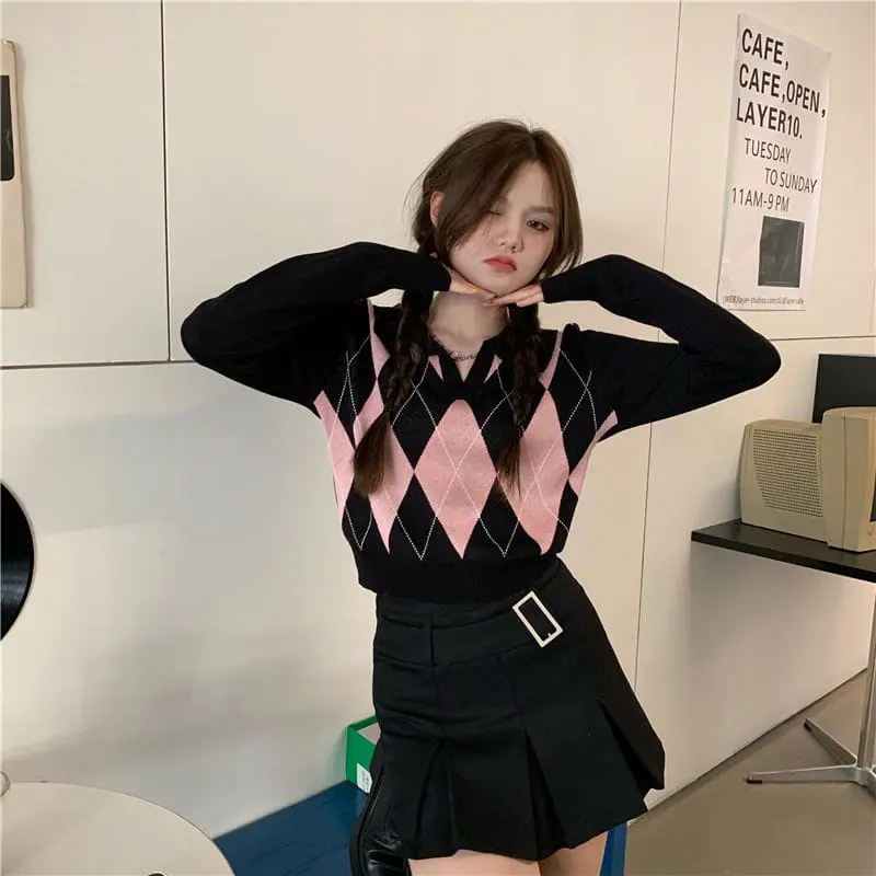 Araa Knit Crop Top Blue Black Polo Collared Longsleeve Patterned |y2k Korean fashion