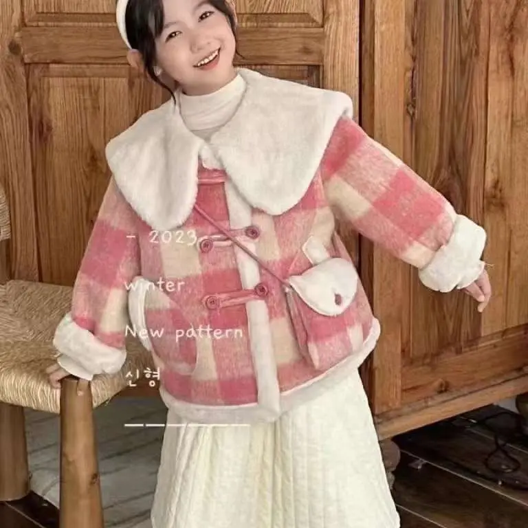 Áo Khoác lông thỏ kẻ caro Hồng , Kèm Túi xinh xinh